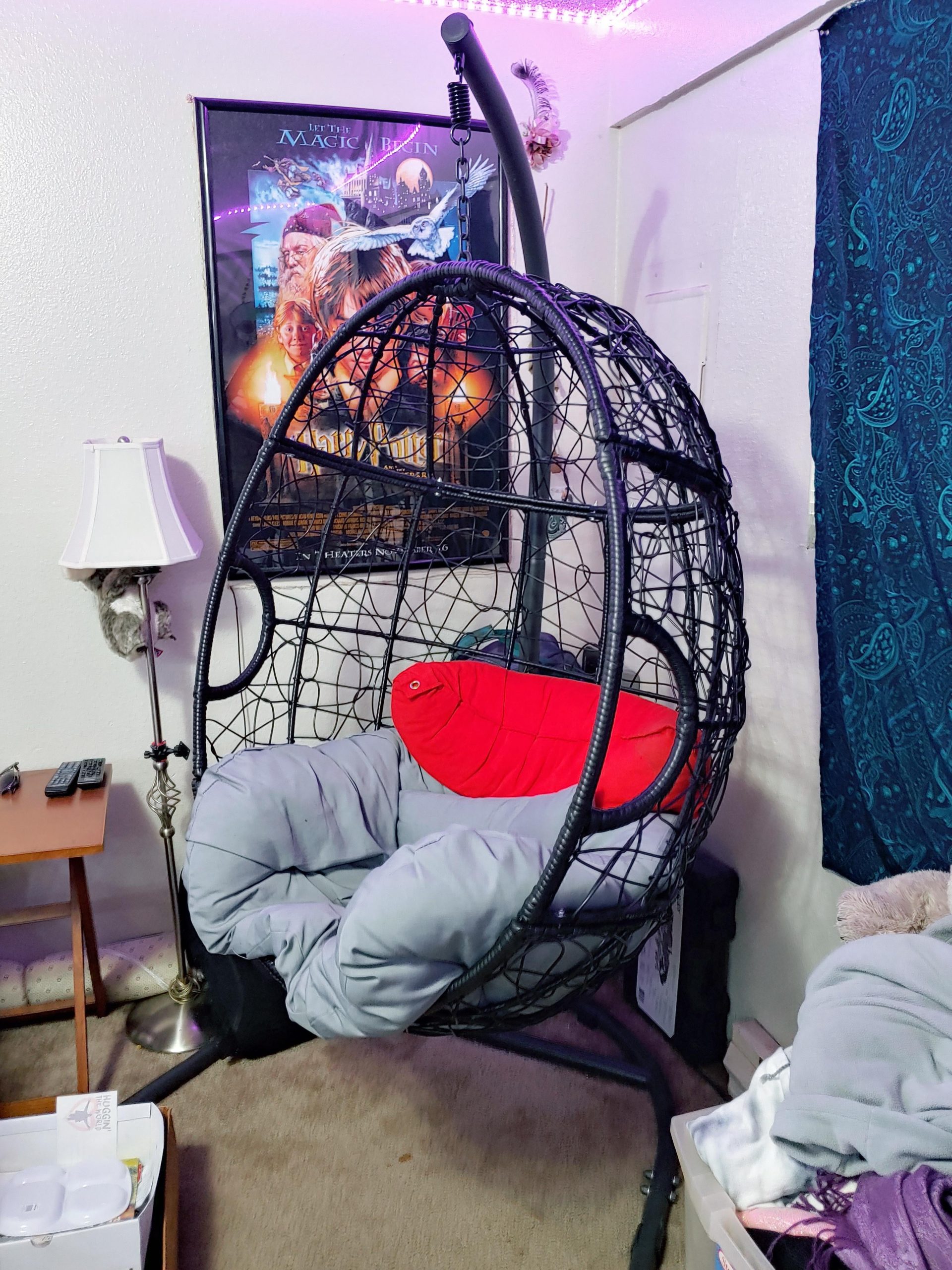 Bought a hanging egg chair on amazon for some extra comfy seating. Turns out to be a very discreet metal frame for some more nefarious activities.