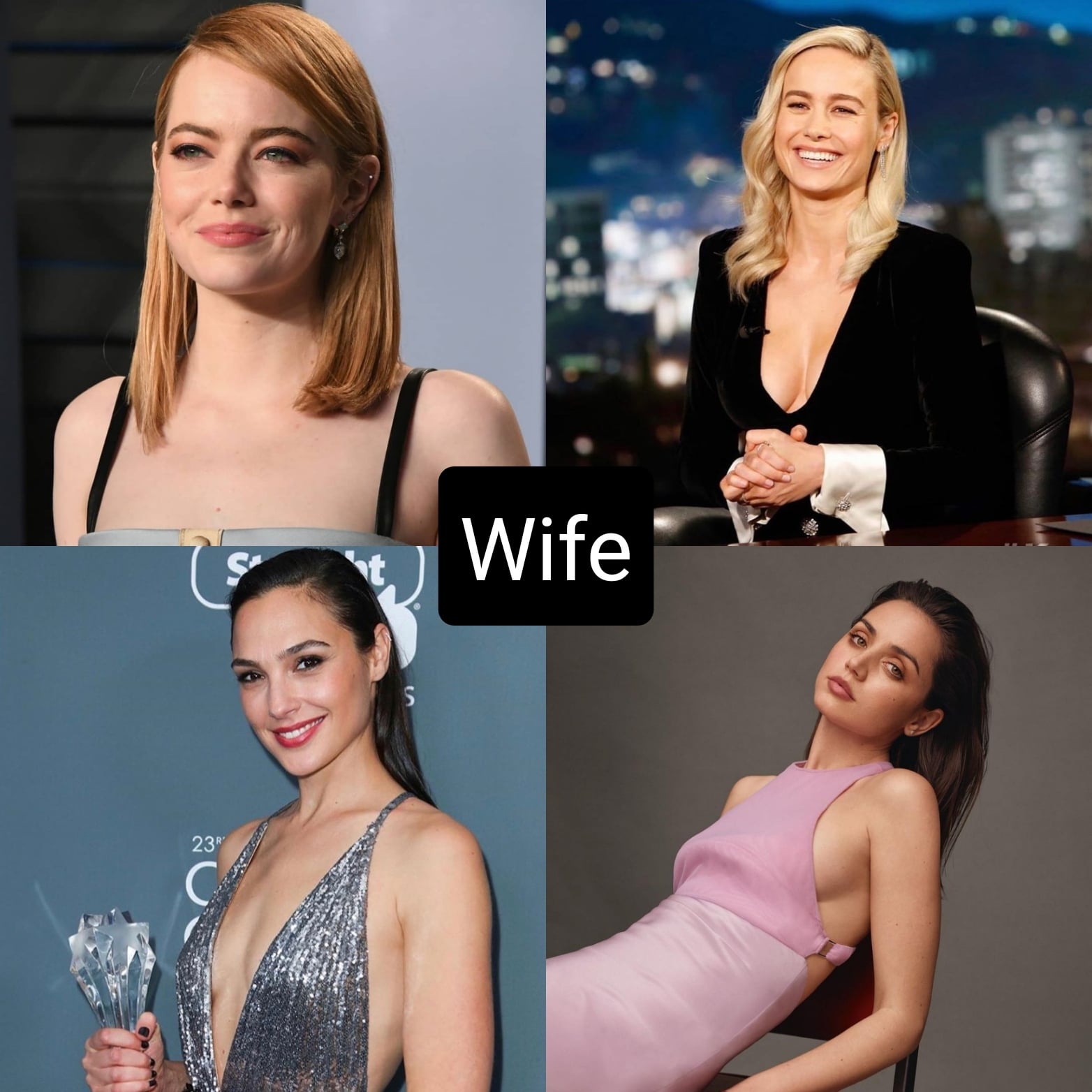 Choose a wife (Emma Stone,Brie Larson, Gal Gadot or Ana de Armas) and choose a step-daughter (Hailee Steinfeld,Sydney Sierota, Joey King or Kiernan Shipka) to make a threesome. Who of them do you fuck the ass and who the pussy?