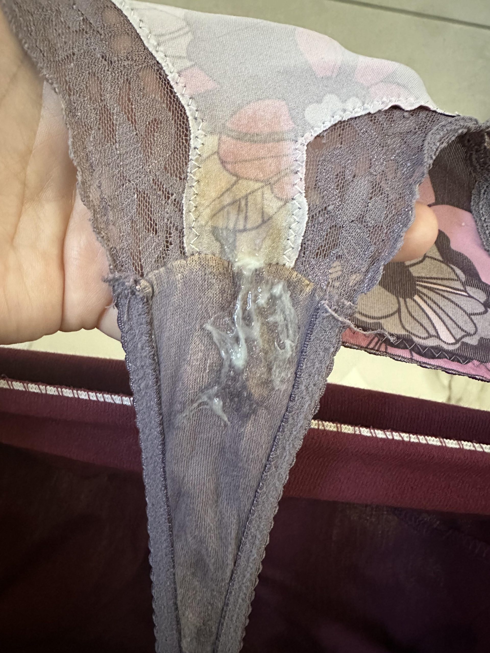 A picture of my filthy piggie undies after taking huge cum loads all day and then packing it tight in my cunt while I cleaned and cooked but I still couldnt help my urges and made a bigger mess on underwear again😅🐷