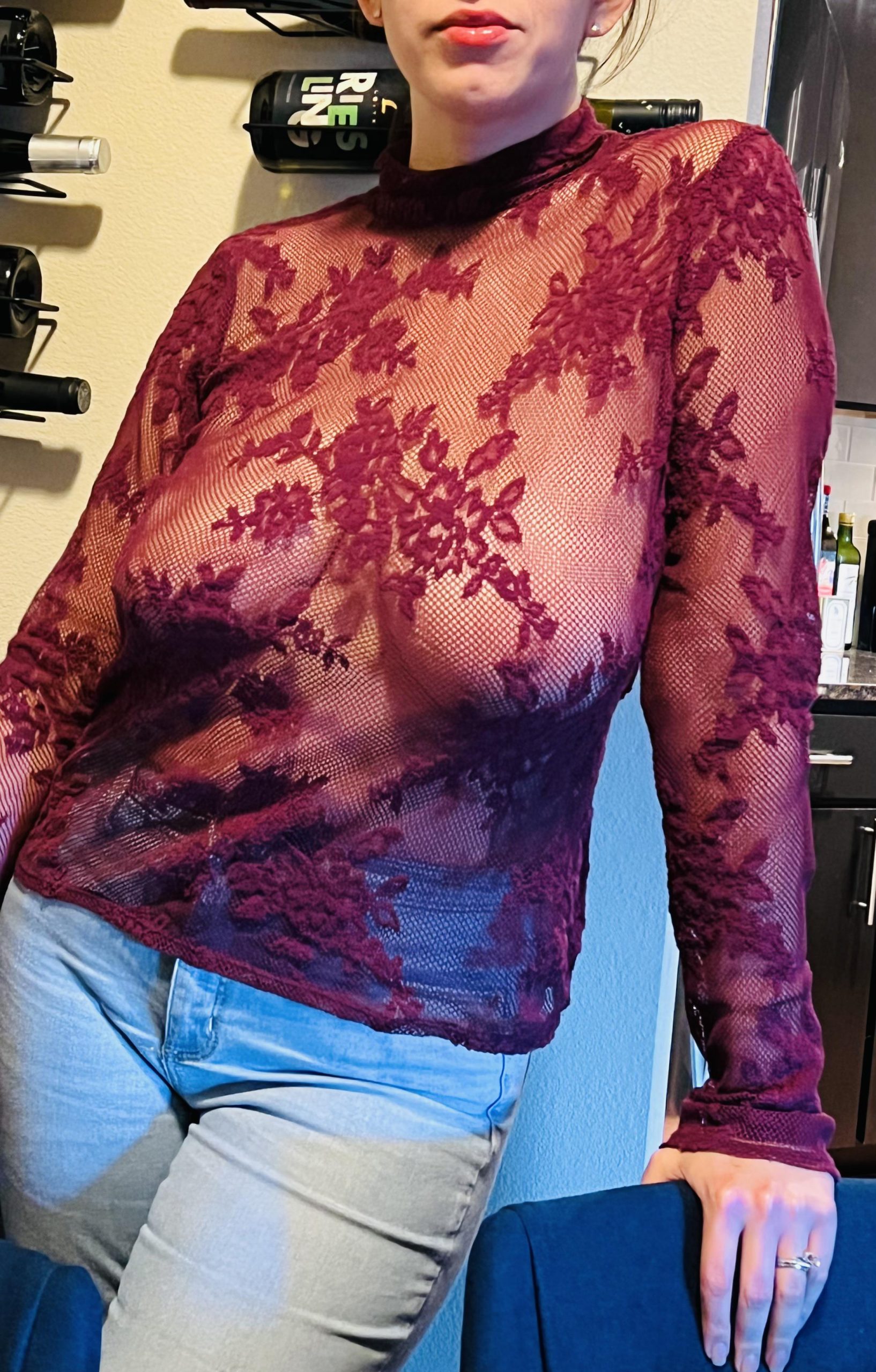 The Wife has a ton of sheer tops, but she’s never gone out in one with nothing underneath. Maybe this evening I can finally convince her too!